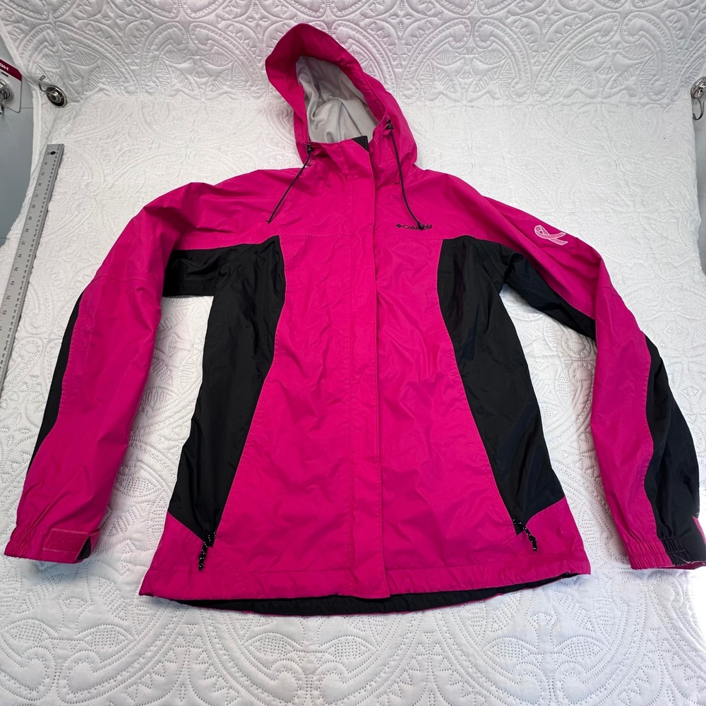 Columbia Omni-Tech Pink Black Waterproof Rain Jacket Womens Medium Pink Ribbon